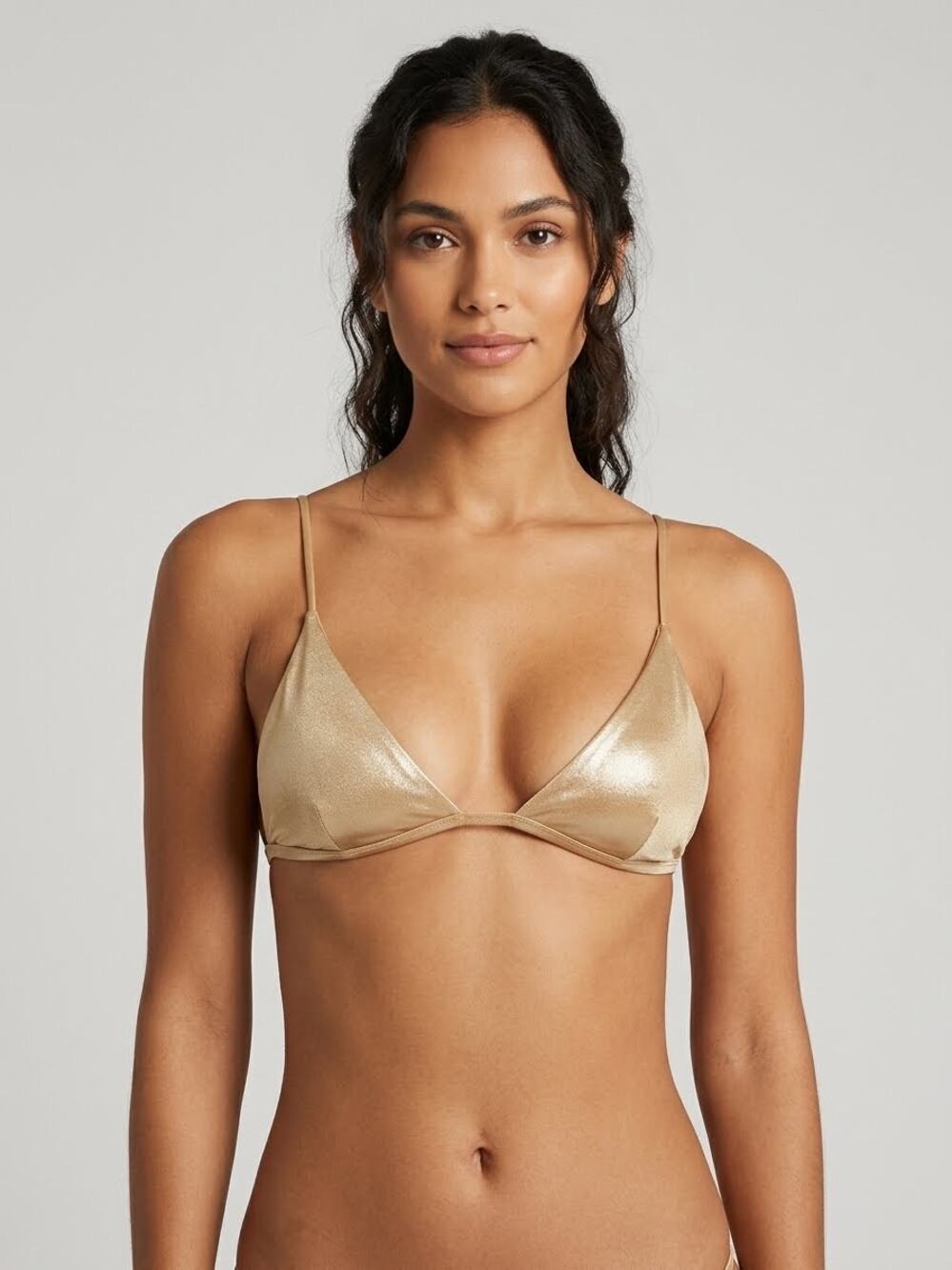 Tiger Mist Gold Satin Triangle Bikini Swim Top-Liquid Metallic Champagne - Small